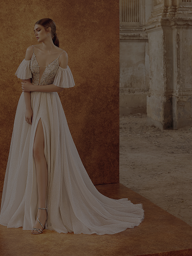 Bride in a lace wedding dress with a deep V-neck against a wall.