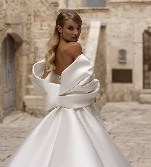 Bride in a wedding dress against the background of a house